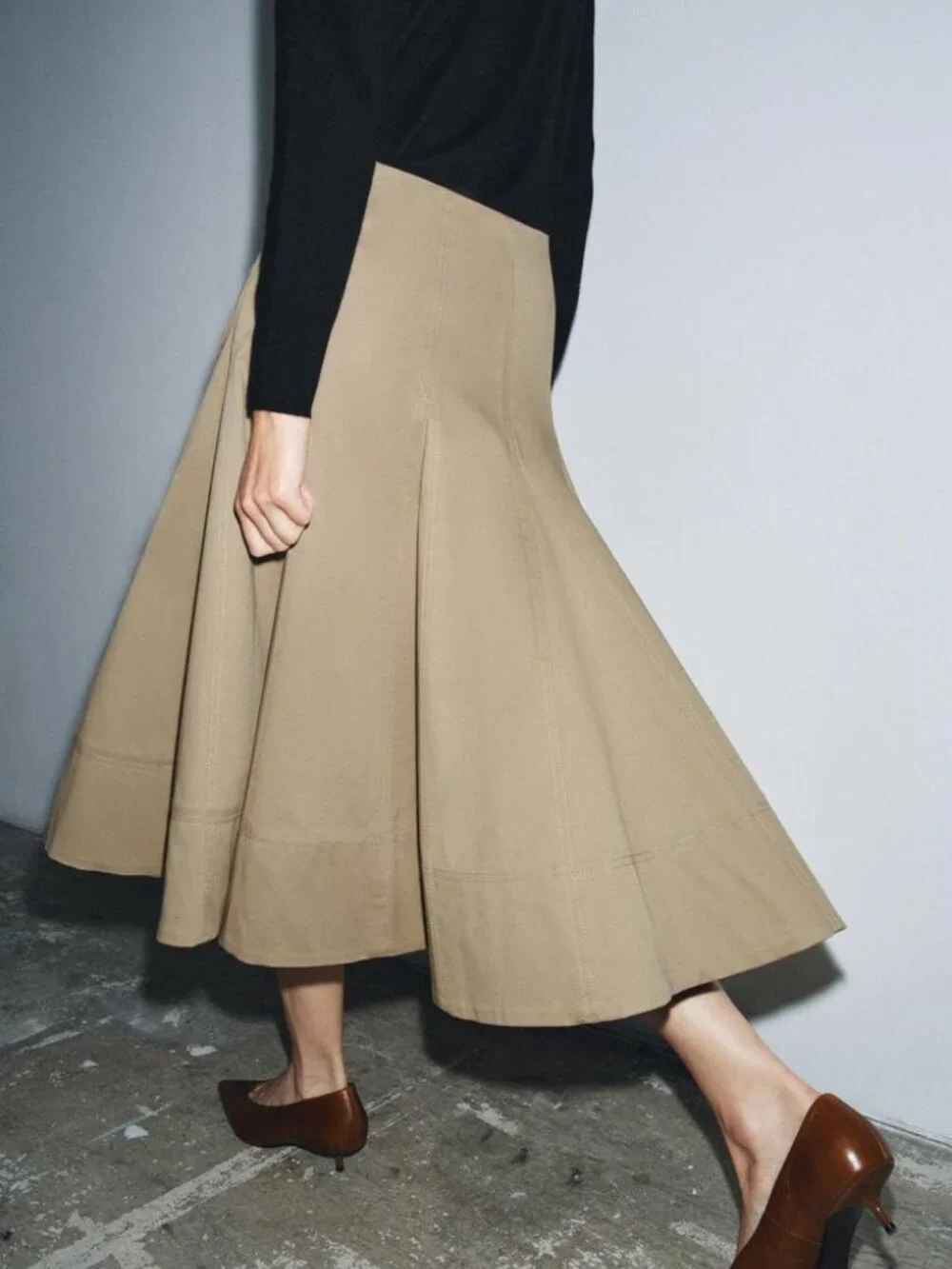 Zara ZW Collection Trench Midi Skirt Light Whiskey Pleated Hem Cotton Large NWT
